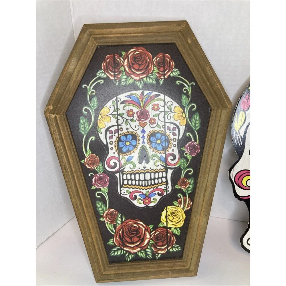 Skull Roses Wall Decor DAY OF THE DEAD Wall Hanging Table Sign Skull Hardy Goth